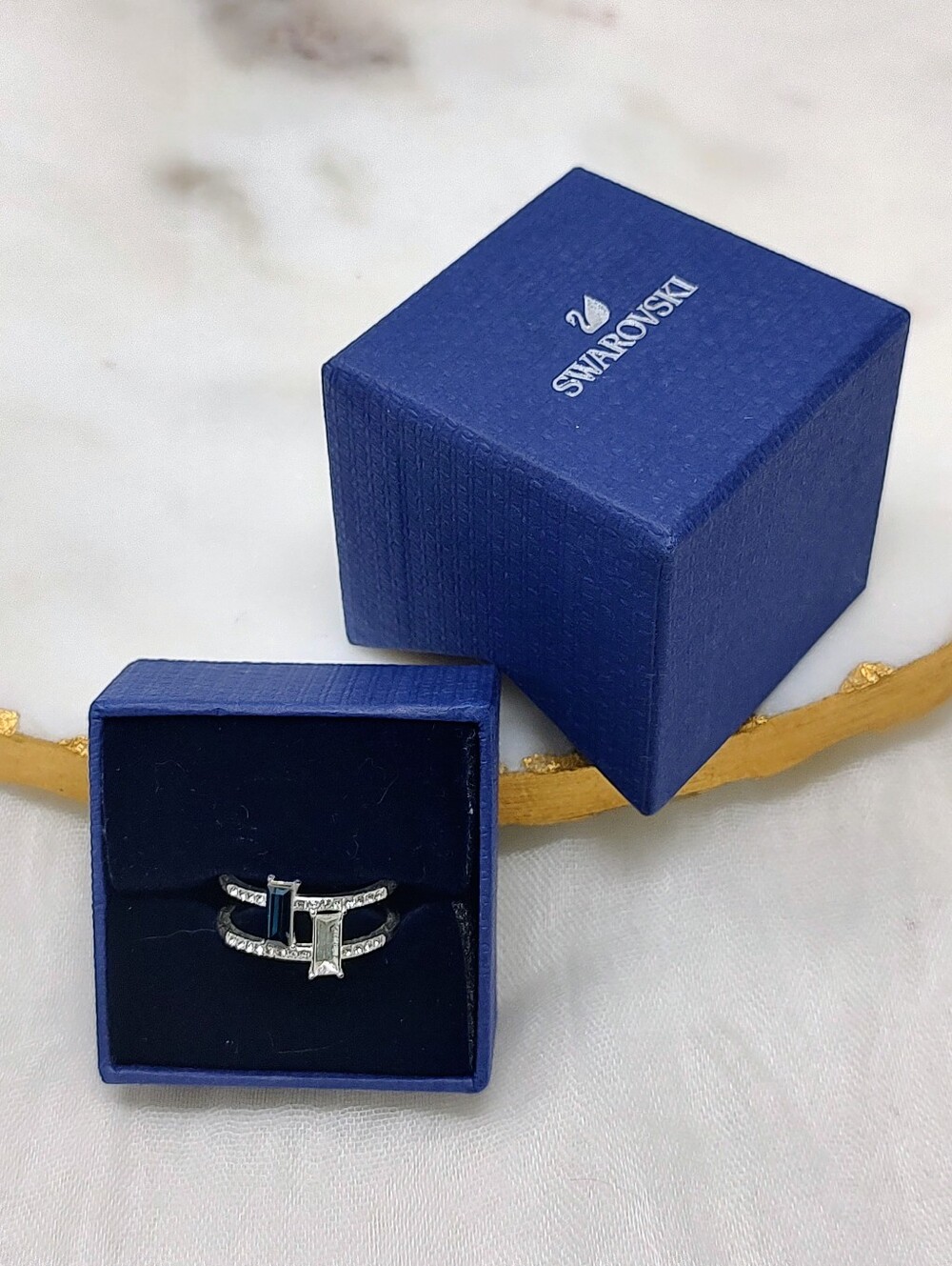 Size 8 Swarovski Blue & Silver Crystal Double Banded Ring